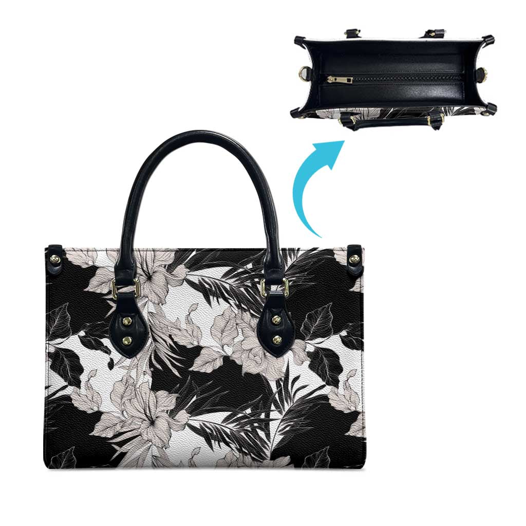 Black White Monotone Tropical Flowers Pattern Leather Bag - Polynesian Pride