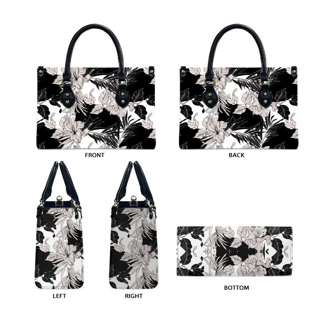 Black White Monotone Tropical Flowers Pattern Leather Bag - Polynesian Pride
