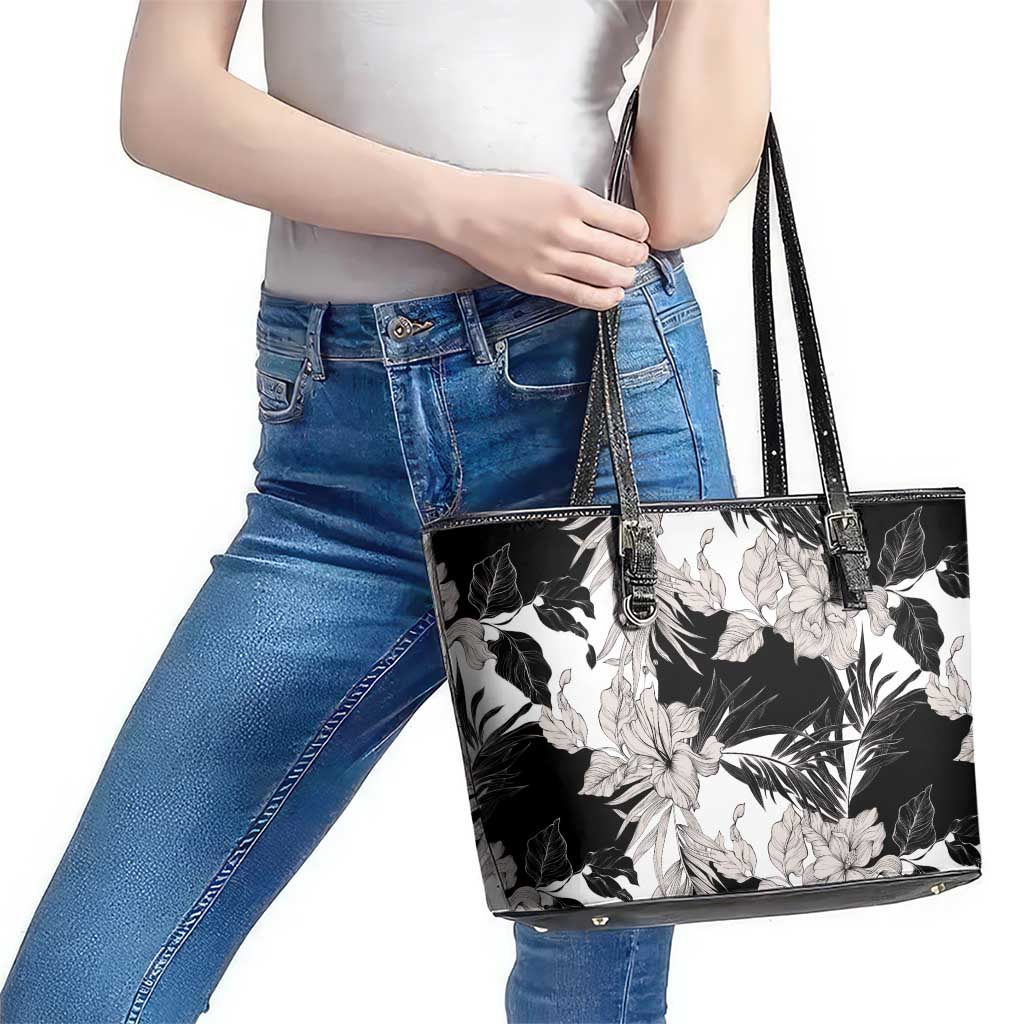 Black White Monotone Tropical Flowers Pattern Leather Tote Bag - Polynesian Pride