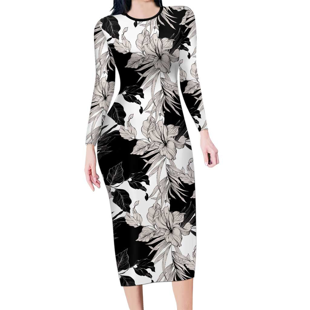 Black White Monotone Tropical Flowers Pattern Long Sleeve Bodycon Dress - Polynesian Pride