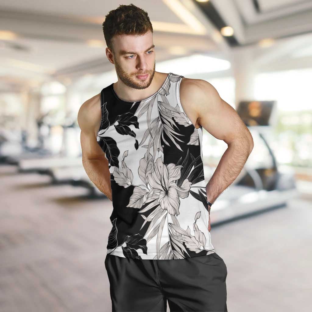 Black White Monotone Tropical Flowers Pattern Men Tank Top - Polynesian Pride