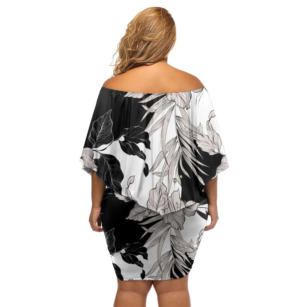 Black White Monotone Tropical Flowers Pattern Off Shoulder Short Dress - Polynesian Pride