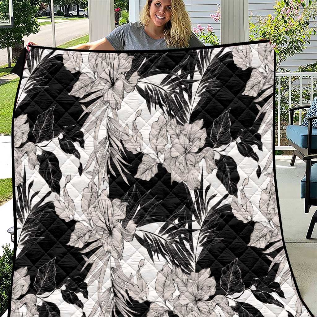 Black White Monotone Tropical Flowers Pattern Quilt LT01 Black - Polynesian Pride