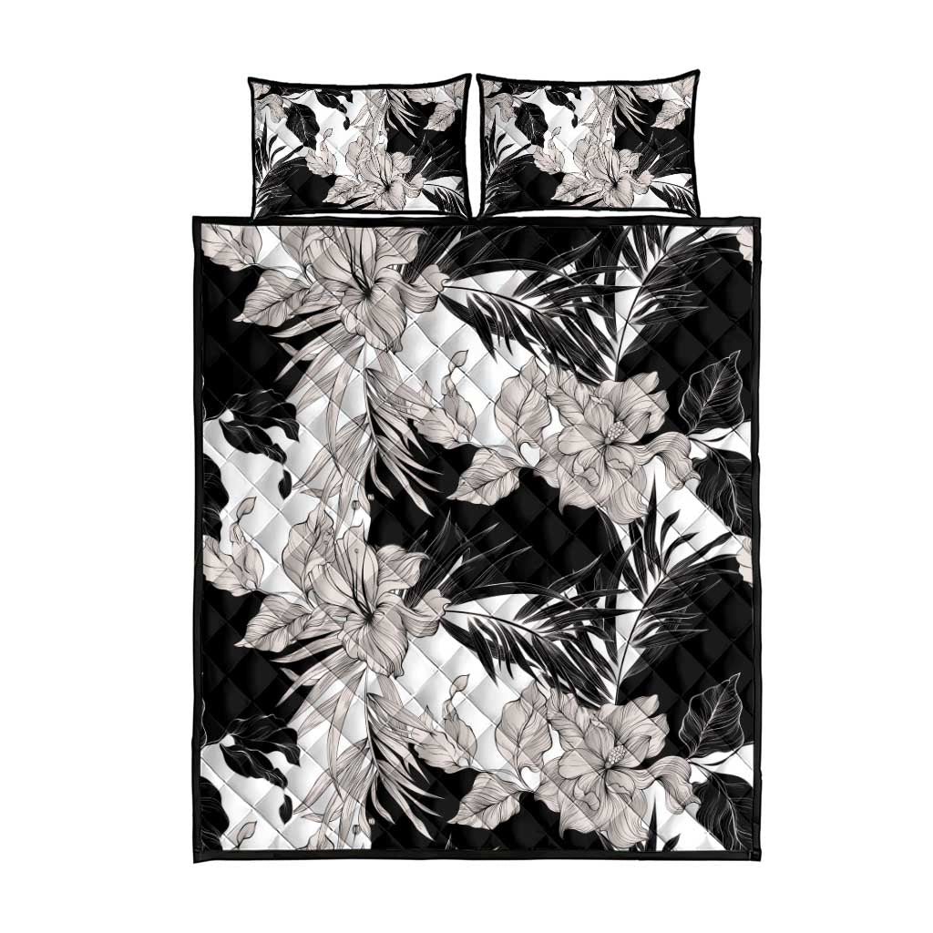 Black White Monotone Tropical Flowers Pattern Quilt Bed Set - Polynesian Pride
