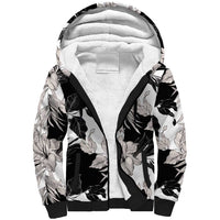 Black White Monotone Tropical Flowers Pattern Sherpa Hoodie - Polynesian Pride