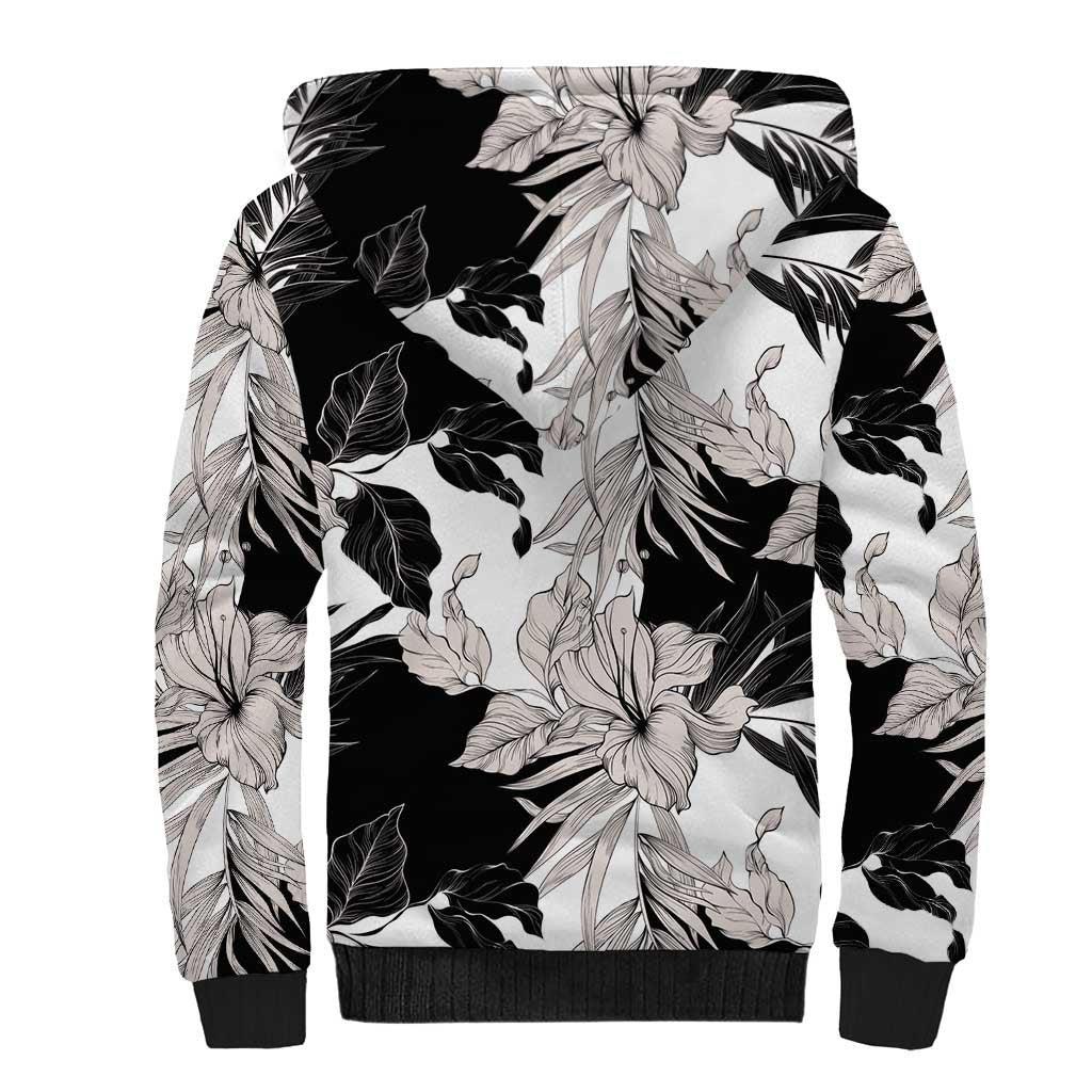 Black White Monotone Tropical Flowers Pattern Sherpa Hoodie - Polynesian Pride