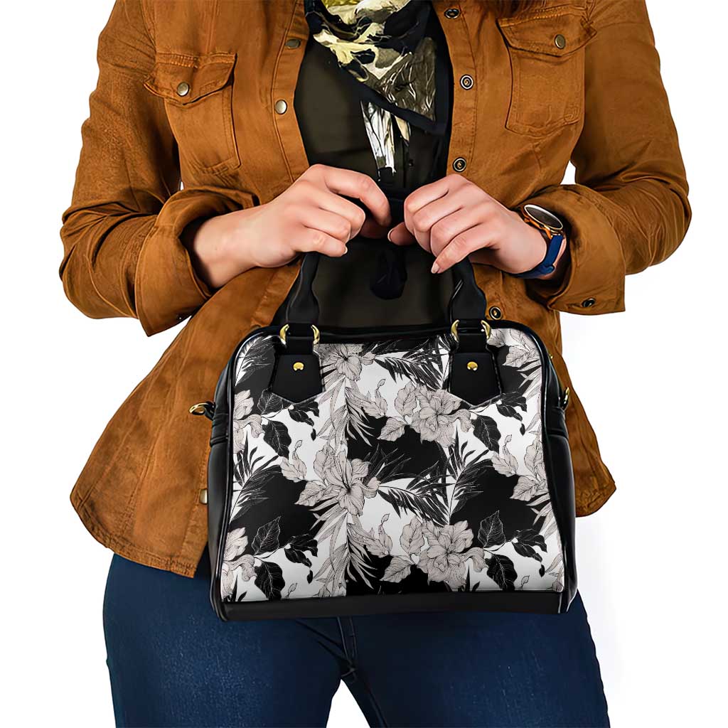 Black White Monotone Tropical Flowers Pattern Shoulder Handbag - Polynesian Pride