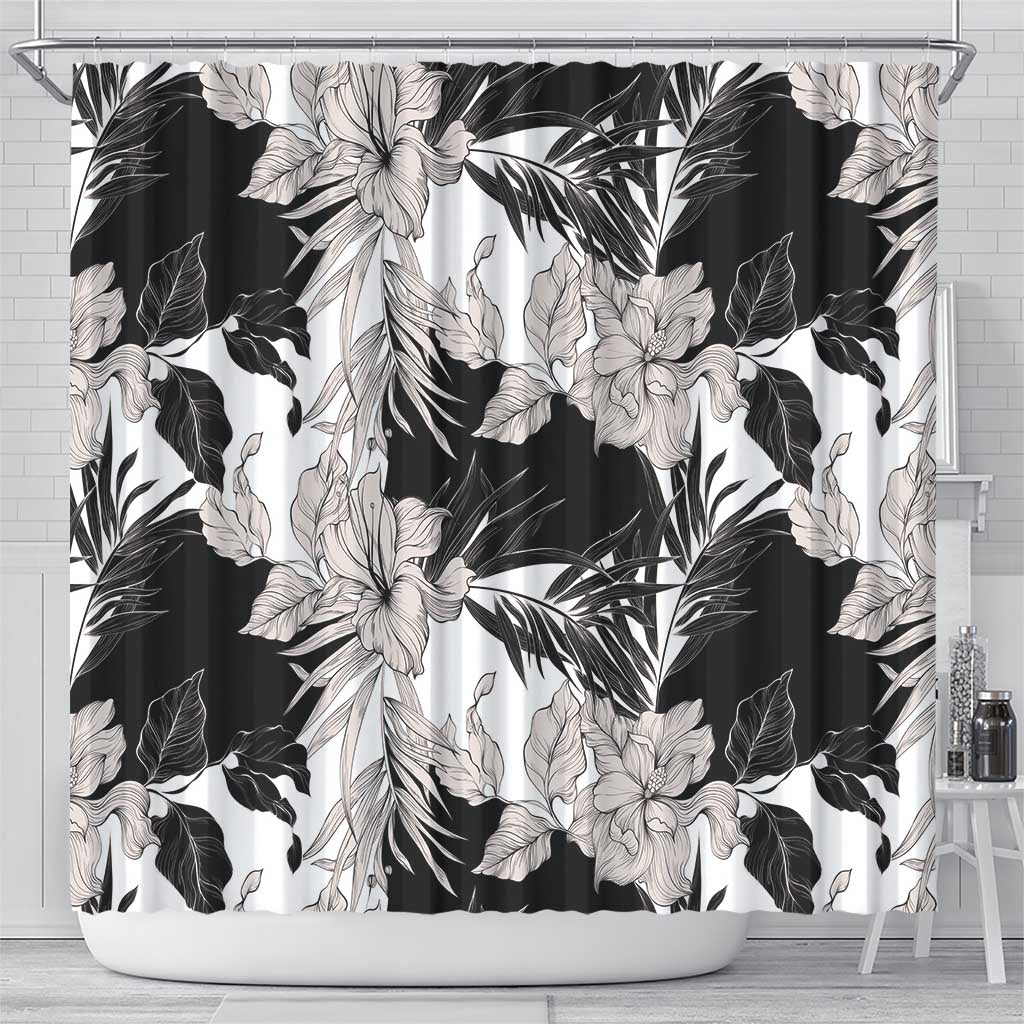 Black White Monotone Tropical Flowers Pattern Shower Curtain - Polynesian Pride