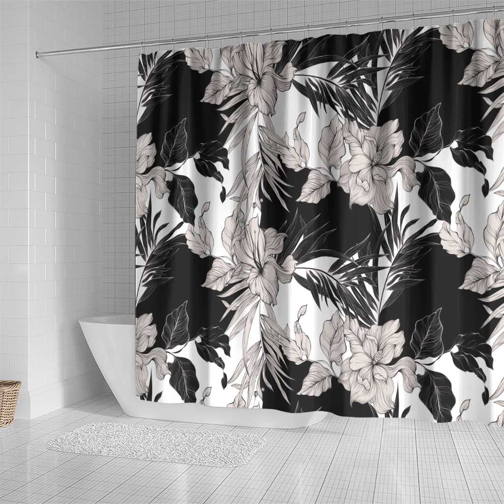 Black White Monotone Tropical Flowers Pattern Shower Curtain - Polynesian Pride