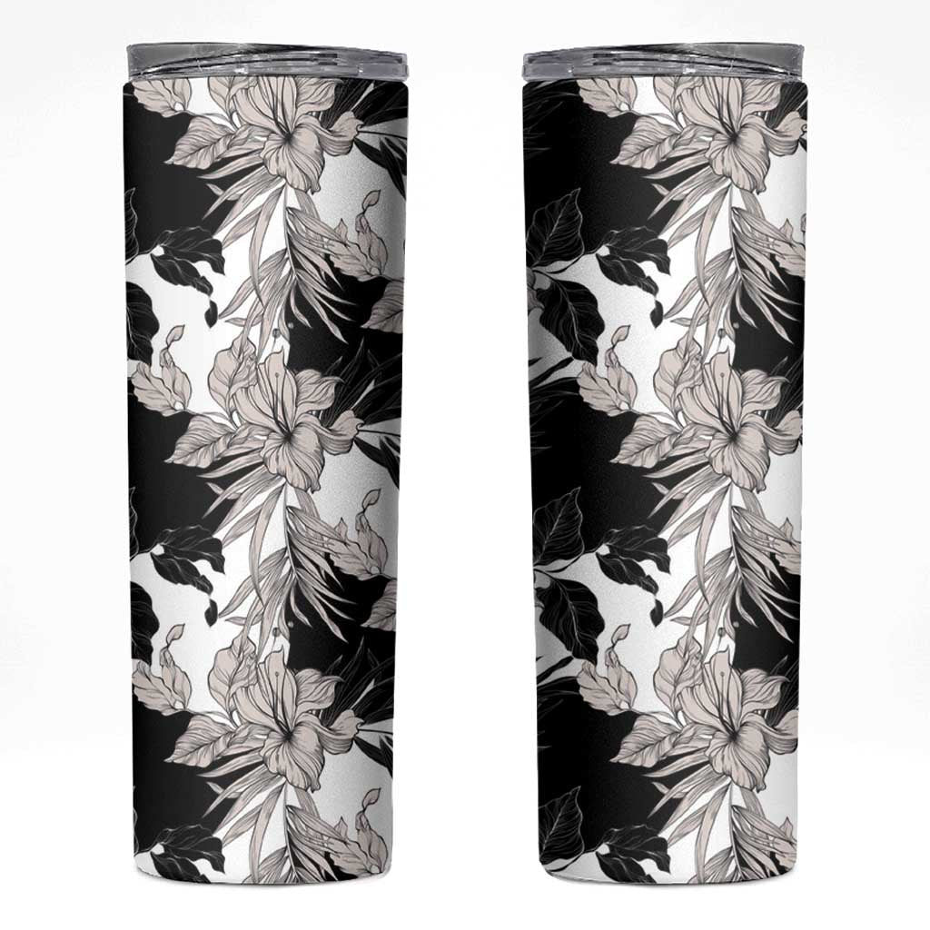 Black White Monotone Tropical Flowers Pattern Skinny Tumbler - Polynesian Pride