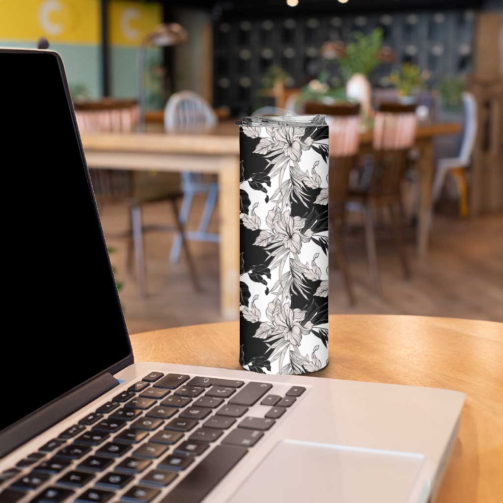 Black White Monotone Tropical Flowers Pattern Skinny Tumbler - Polynesian Pride