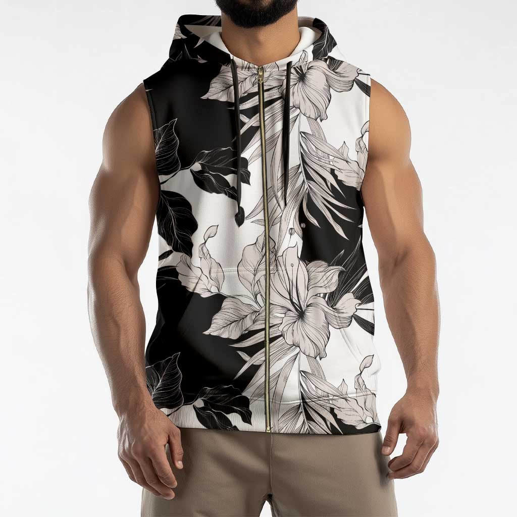 Black White Monotone Tropical Flowers Pattern Sleeveless Zip Hoodie - Polynesian Pride