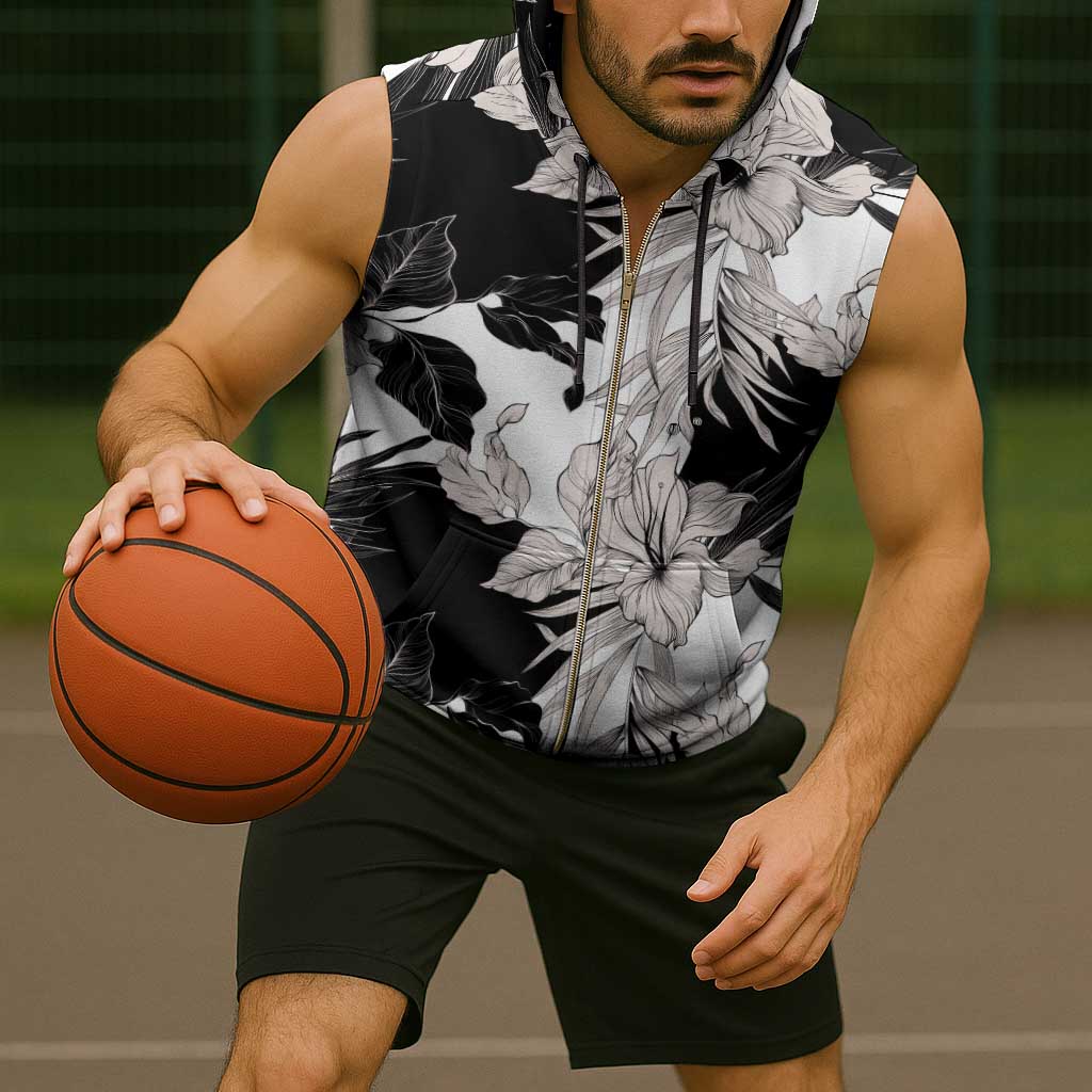 Black White Monotone Tropical Flowers Pattern Sleeveless Zip Hoodie - Polynesian Pride