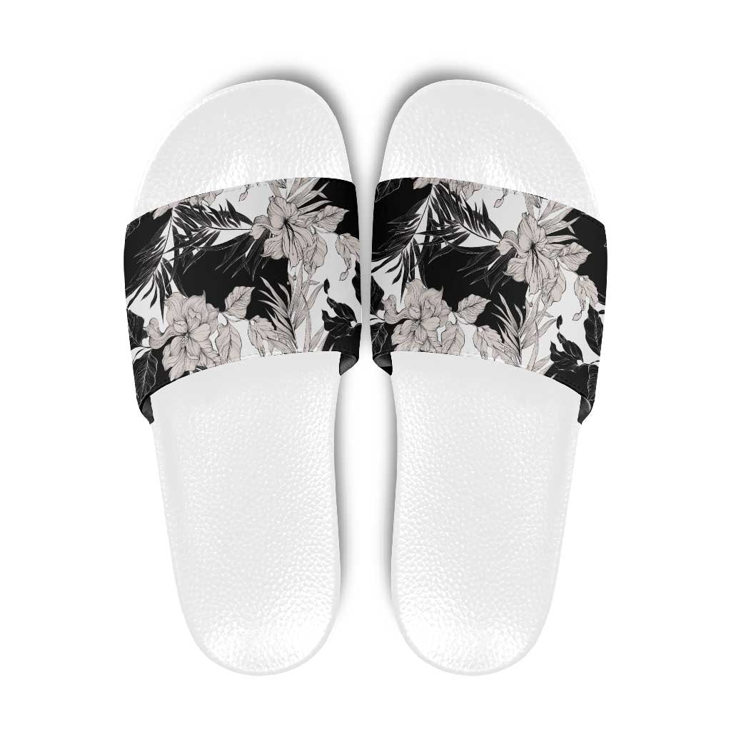 Black White Monotone Tropical Flowers Pattern Slide Sandals - Polynesian Pride