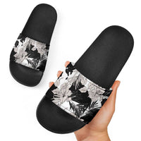 Black White Monotone Tropical Flowers Pattern Slide Sandals - Polynesian Pride