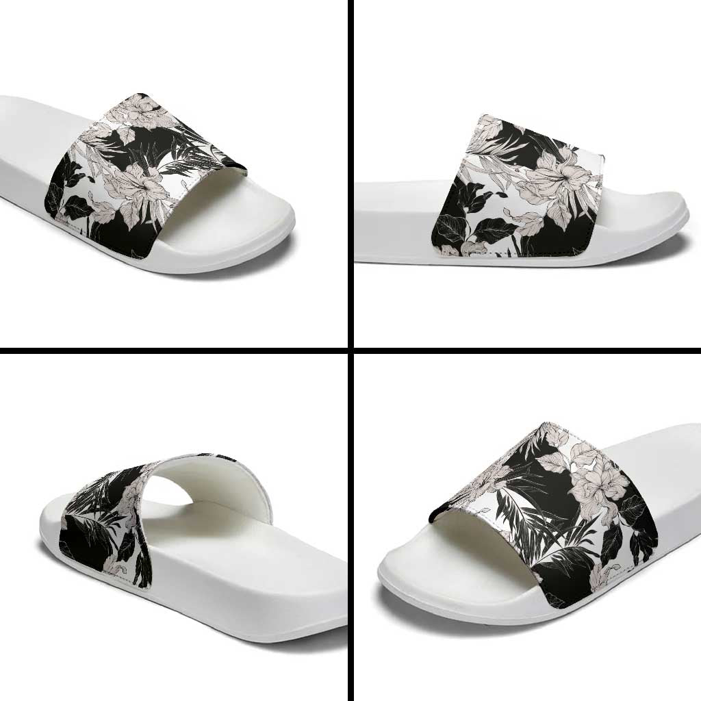 Black White Monotone Tropical Flowers Pattern Slide Sandals - Polynesian Pride