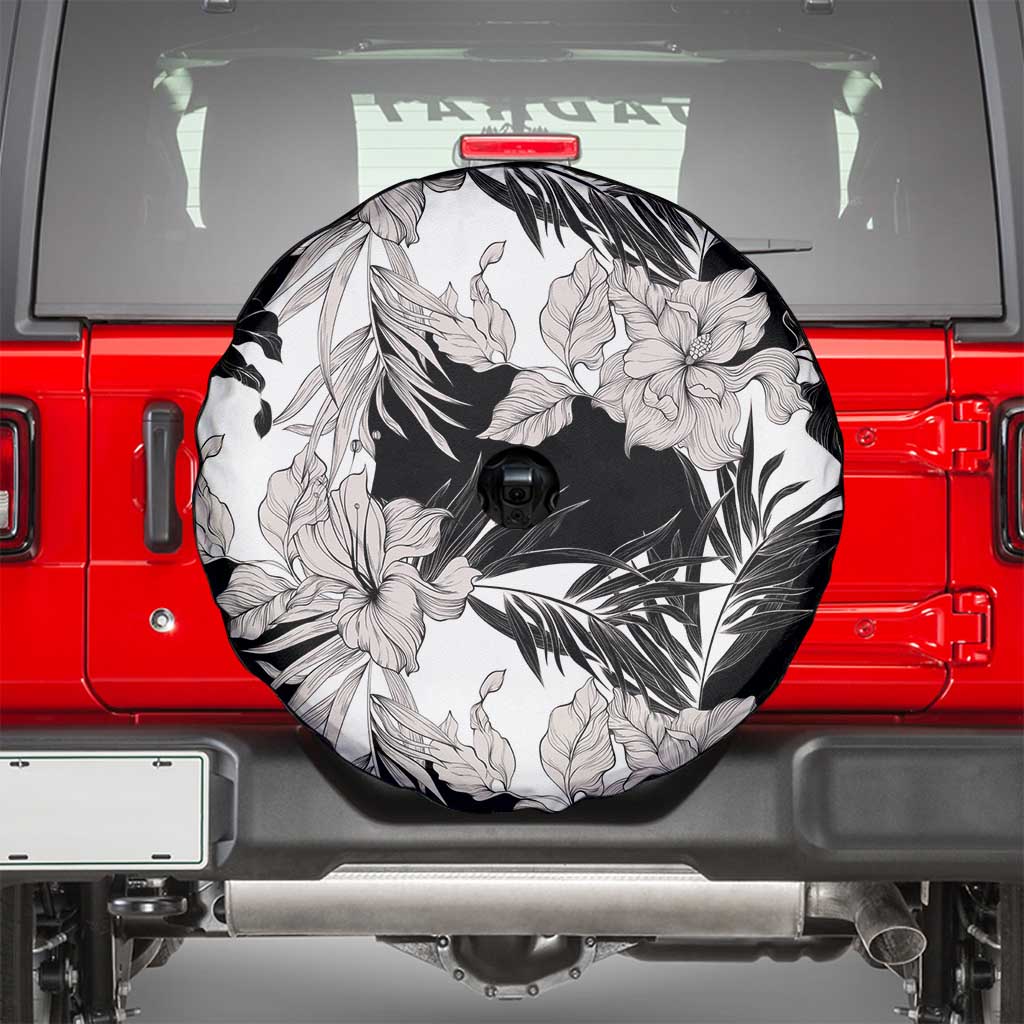 Black White Monotone Tropical Flowers Pattern Spare Tire Cover - Polynesian Pride