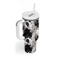 Black White Monotone Tropical Flowers Pattern Tumbler With Handle - Polynesian Pride