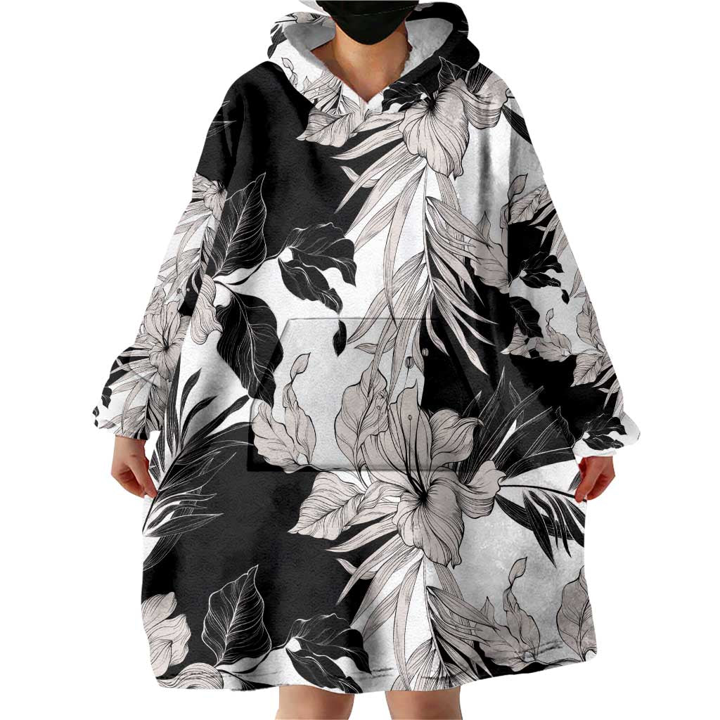 Black White Monotone Tropical Flowers Pattern Wearable Blanket Hoodie - Polynesian Pride