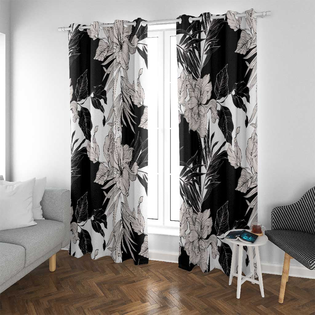 Black White Monotone Tropical Flowers Pattern Window Curtain - Polynesian Pride
