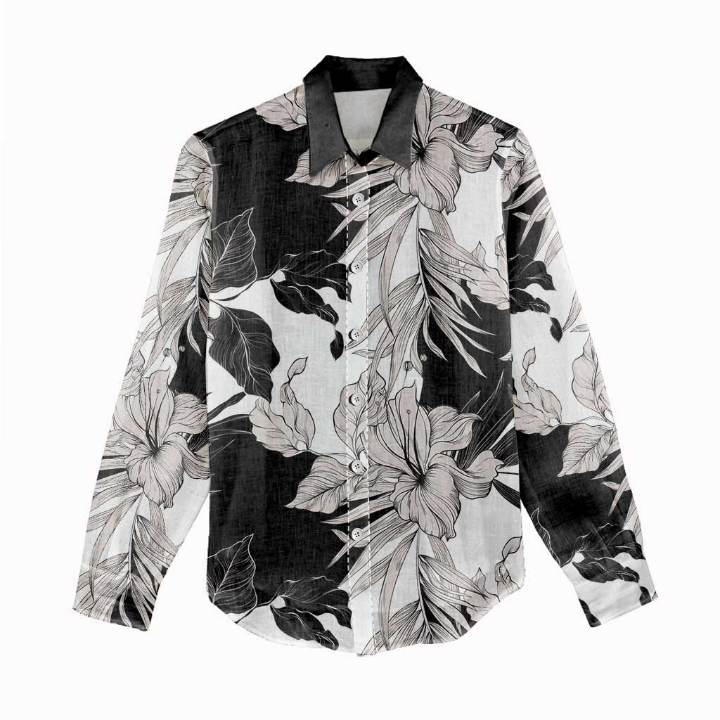 Black White Monotone Tropical Flowers Pattern Women Casual Shirt - Polynesian Pride