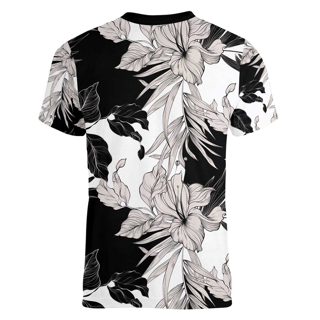 Black White Monotone Tropical Flowers Pattern Women V-Neck T-Shirt - Polynesian Pride