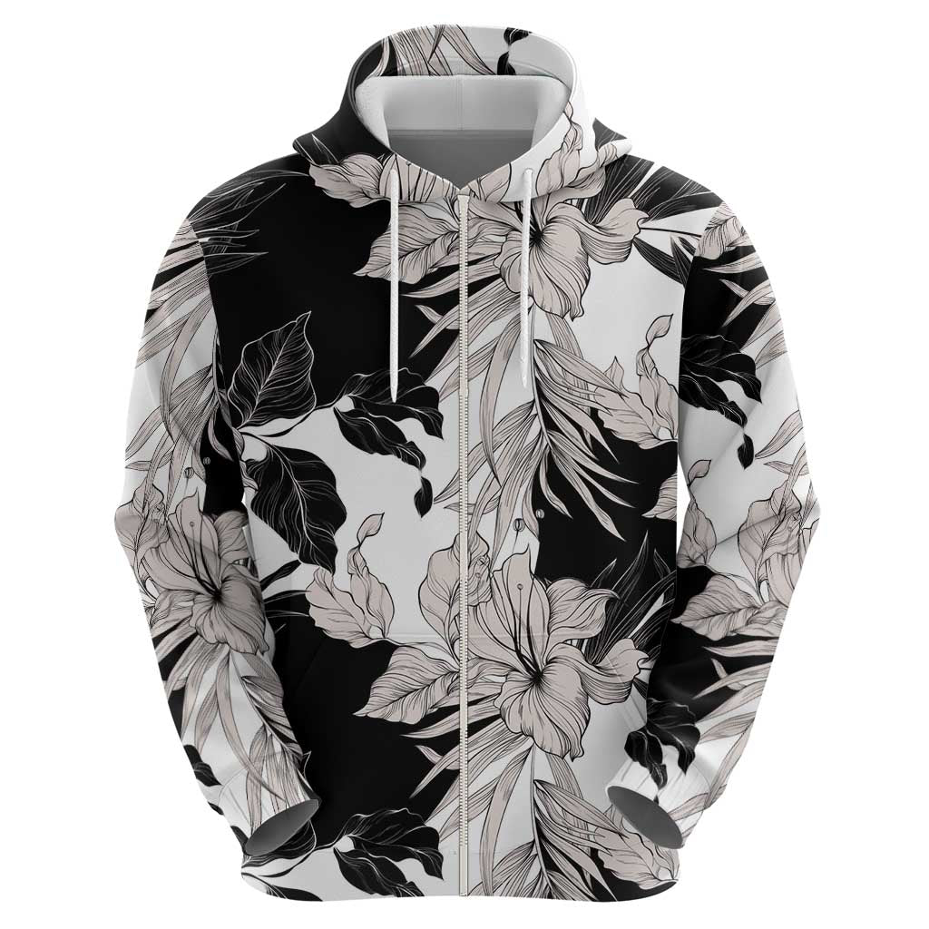Black White Monotone Tropical Flowers Pattern Zip Hoodie - Polynesian Pride