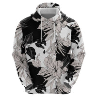 Black White Monotone Tropical Flowers Pattern Zip Hoodie - Polynesian Pride