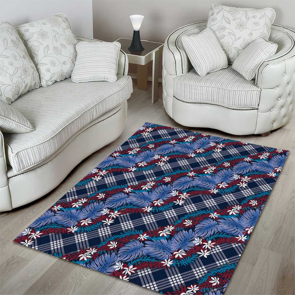 Polynesian Monstera Tiare Floral Area Rug Royal Blue Tropical Plaid - Polynesian Pride