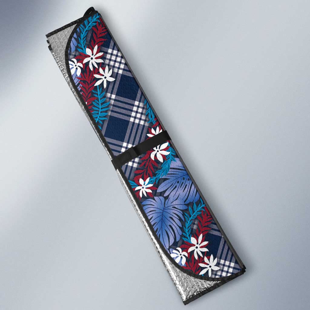Polynesian Monstera Tiare Floral Auto Sun Shade Royal Blue Tropical Plaid - Polynesian Pride