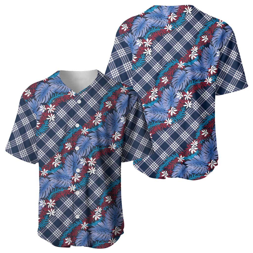 Polynesian Monstera Tiare Floral Baseball Jersey Royal Blue Tropical Plaid - Polynesian Pride