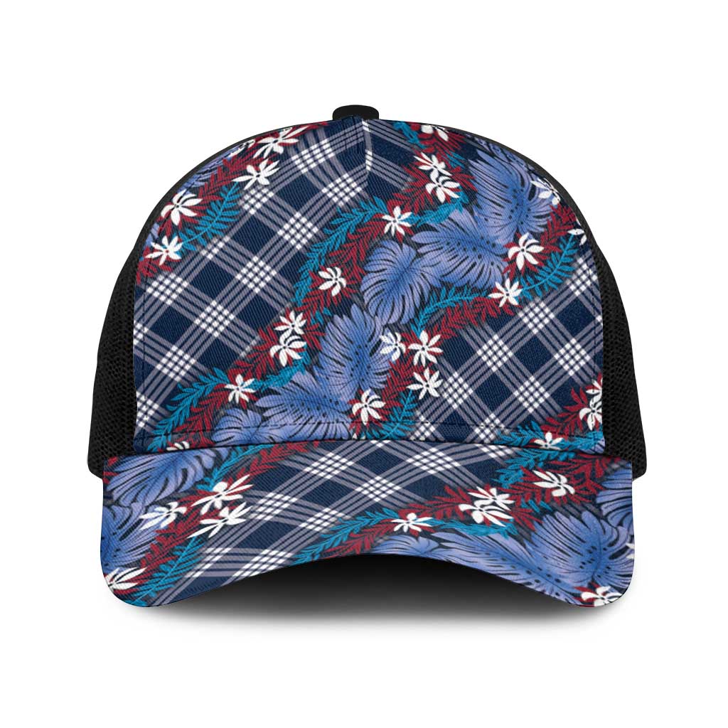 Polynesian Monstera Tiare Floral Baseball Net Cap Royal Blue Tropical Plaid - Polynesian Pride
