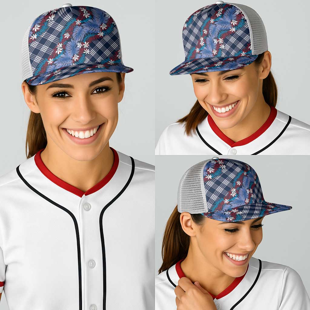 Polynesian Monstera Tiare Floral Baseball Net Cap Royal Blue Tropical Plaid - Polynesian Pride