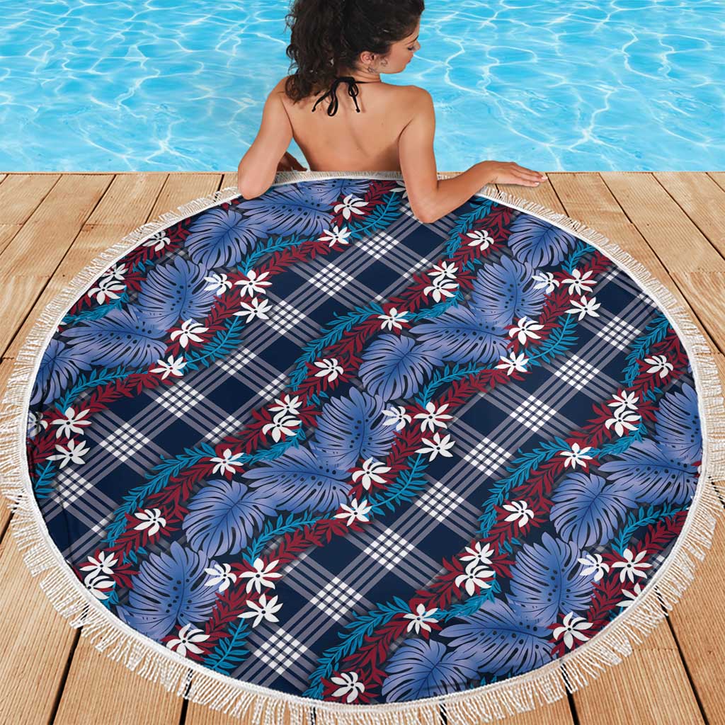 Polynesian Monstera Tiare Floral Beach Blanket Royal Blue Tropical Plaid LT01 - Polynesian Pride