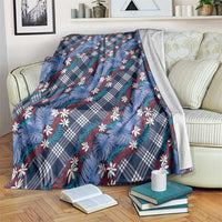 Polynesian Monstera Tiare Floral Blanket Royal Blue Tropical Plaid - Polynesian Pride