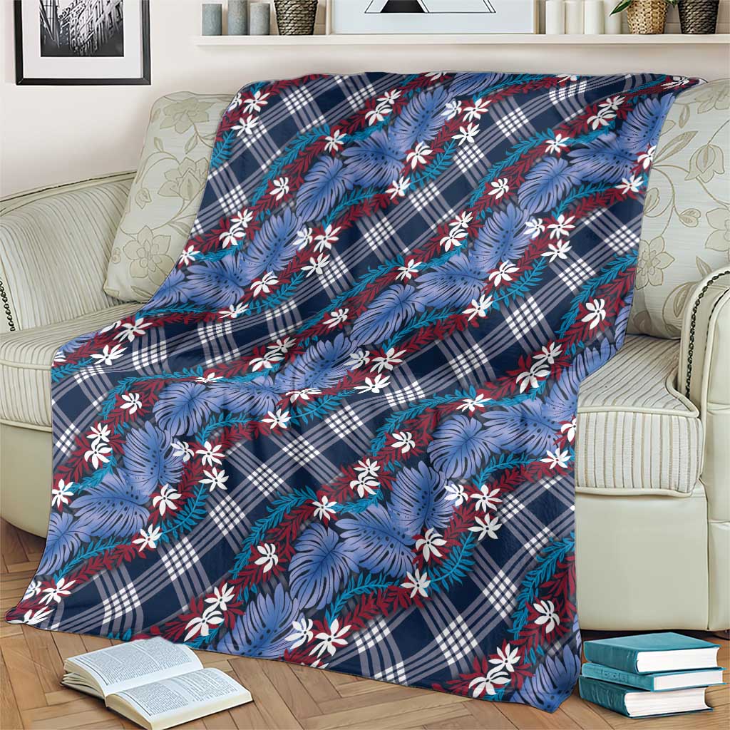 Polynesian Monstera Tiare Floral Blanket Royal Blue Tropical Plaid - Polynesian Pride
