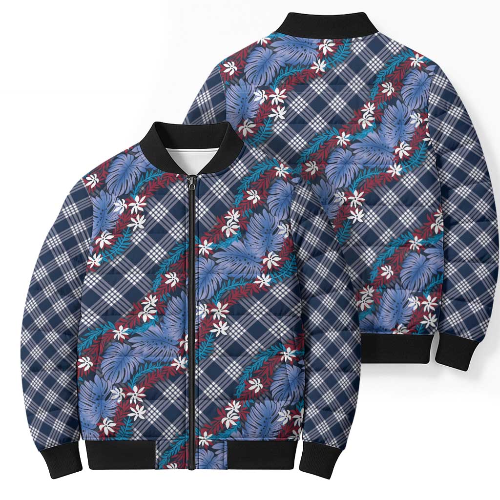 Polynesian Monstera Tiare Floral Bomber Puffer Jacket Royal Blue Tropical Plaid LT01 - Polynesian Pride
