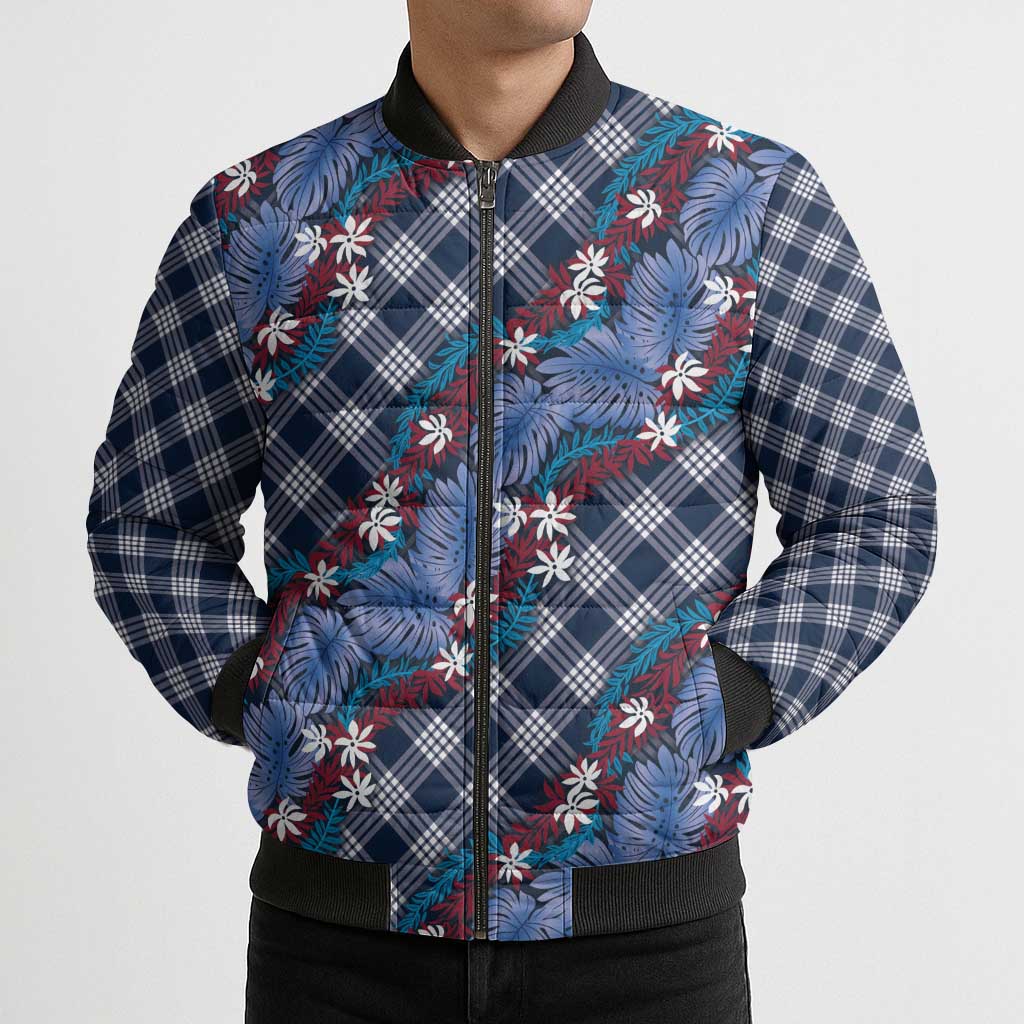 Polynesian Monstera Tiare Floral Bomber Puffer Jacket Royal Blue Tropical Plaid LT01 - Polynesian Pride