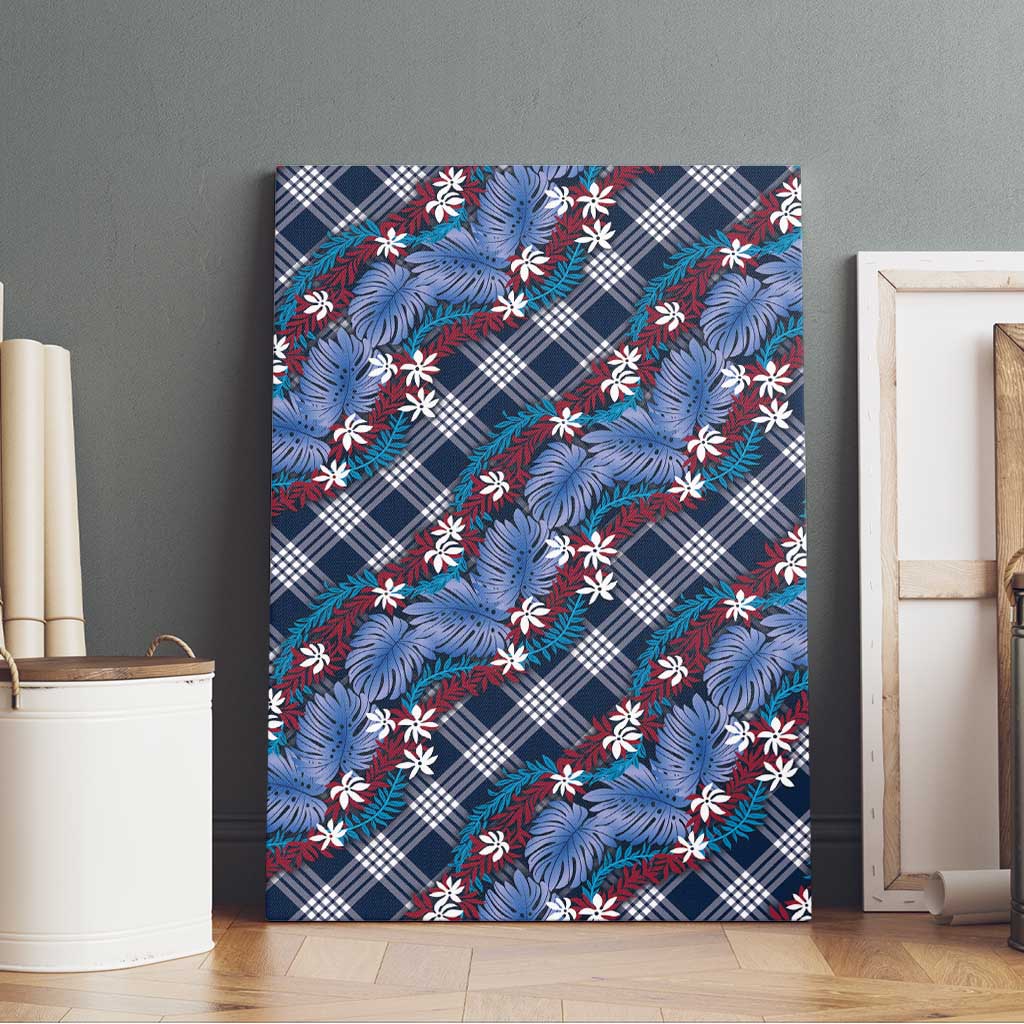 Polynesian Monstera Tiare Floral Canvas Wall Art Royal Blue Tropical Plaid - Polynesian Pride