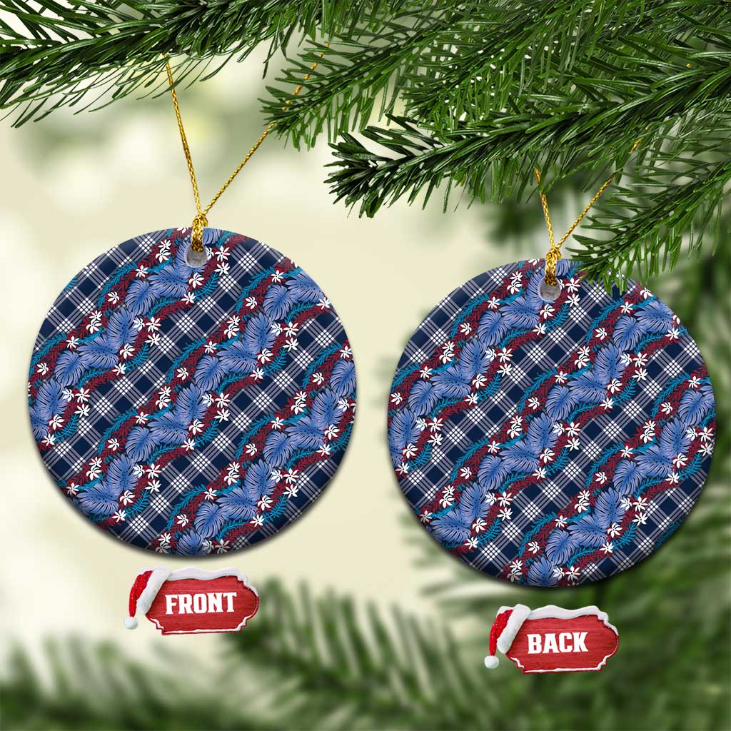 Polynesian Monstera Tiare Floral Ceramic Ornament Royal Blue Tropical Plaid - Polynesian Pride