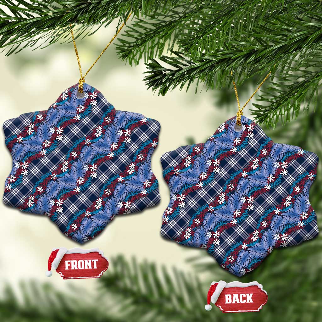Polynesian Monstera Tiare Floral Ceramic Ornament Royal Blue Tropical Plaid - Polynesian Pride