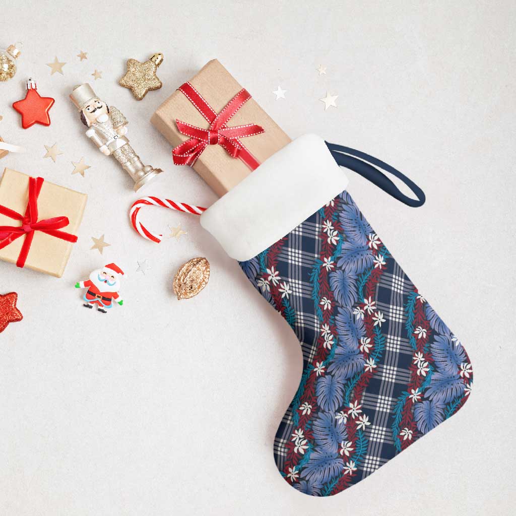 Polynesian Monstera Tiare Floral Christmas Stocking Royal Blue Tropical Plaid - Polynesian Pride
