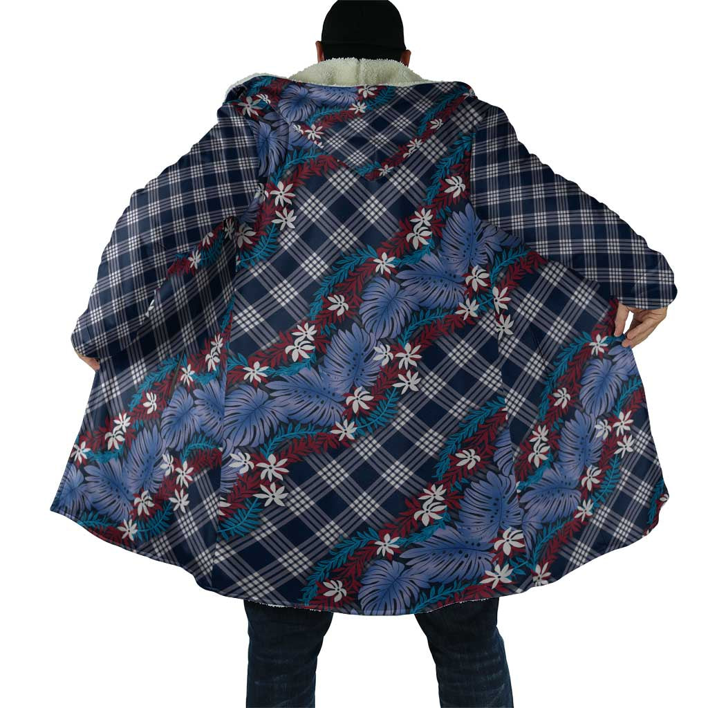 Polynesian Monstera Tiare Floral Cloak Royal Blue Tropical Plaid - Polynesian Pride