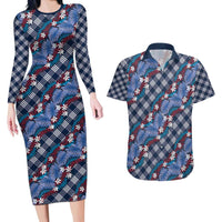 Polynesian Monstera Tiare Floral Couples Matching Long Sleeve Bodycon Dress and Hawaiian Shirt Royal Blue Tropical Plaid LT01 Blue - Polynesian Pride