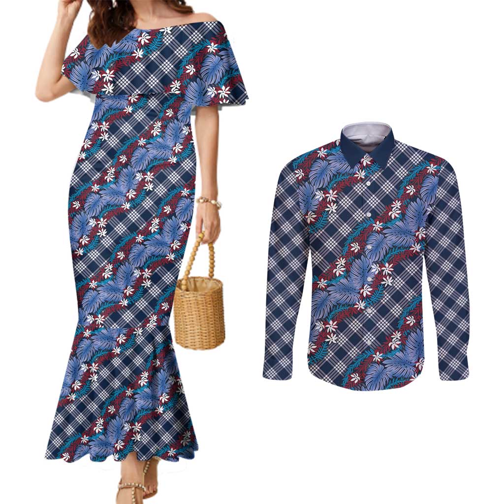 Polynesian Monstera Tiare Floral Couples Matching Mermaid Dress and Long Sleeve Button Shirt Royal Blue Tropical Plaid - Polynesian Pride