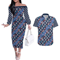 Polynesian Monstera Tiare Floral Couples Matching Off The Shoulder Long Sleeve Dress and Hawaiian Shirt Royal Blue Tropical Plaid LT01 Blue - Polynesian Pride