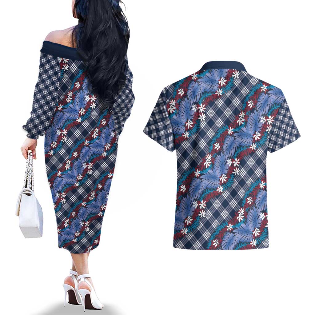 Polynesian Monstera Tiare Floral Couples Matching Off The Shoulder Long Sleeve Dress and Hawaiian Shirt Royal Blue Tropical Plaid LT01 - Polynesian Pride