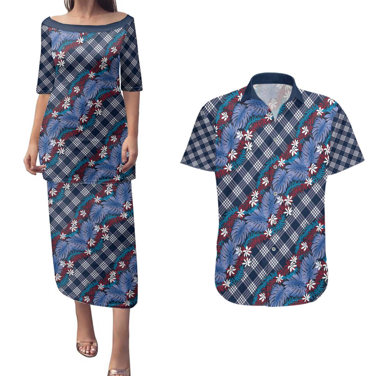 Polynesian Monstera Tiare Floral Couples Matching Puletasi and Hawaiian Shirt Royal Blue Tropical Plaid - Polynesian Pride