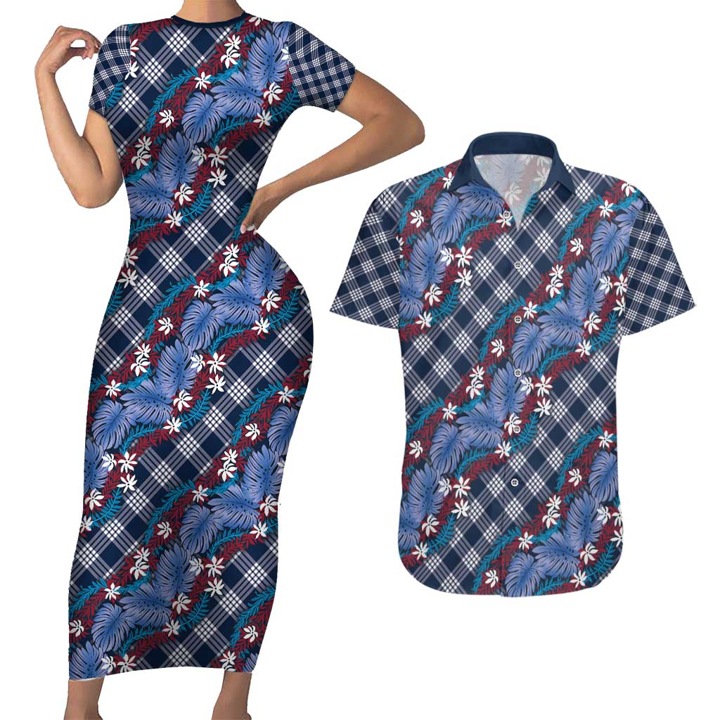 Polynesian Monstera Tiare Floral Couples Matching Short Sleeve Bodycon Dress and Hawaiian Shirt Royal Blue Tropical Plaid LT01 Blue - Polynesian Pride