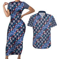 Polynesian Monstera Tiare Floral Couples Matching Short Sleeve Bodycon Dress and Hawaiian Shirt Royal Blue Tropical Plaid LT01 Blue - Polynesian Pride